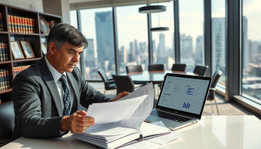 A bright, airy law office with large windows overlooking a bustling city skyline. In the foreground, a civil contract attorney meticulously reviews a stack of documents, brow furrowed in concentration. Beside them, a laptop displays a detailed case evaluation template, with neatly organized sections and data points. The middle ground features a bookshelf filled with legal tomes and framed awards, conveying the attorney's expertise and experience. In the background, a conference table surrounded by leather chairs, suggesting a space for client consultations and negotiations. The overall mood is one of professionalism, attention to detail, and a commitment to providing exceptional legal counsel.