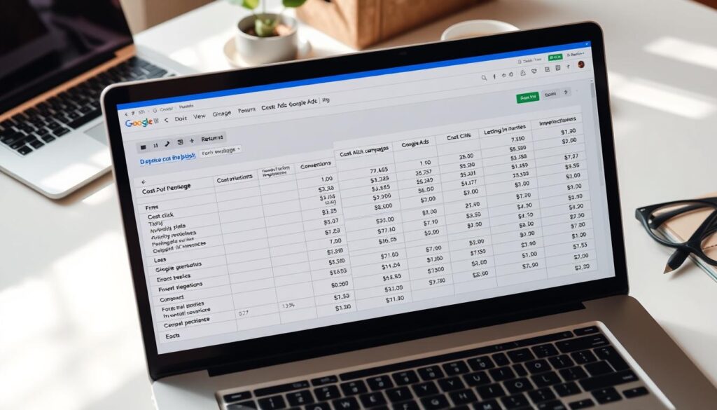 A detailed spreadsheet showing the cost breakdown of a Google Ads campaign, presented on a sleek, minimalist desk with a modern laptop, stylish stationery, and a warm, natural lighting setup. The spreadsheet displays key metrics such as cost per click, impressions, conversions, and return on investment, providing a comprehensive visual analysis of the campaign's performance. The overall scene conveys a sense of professionalism, data-driven decision-making, and strategic marketing insights.