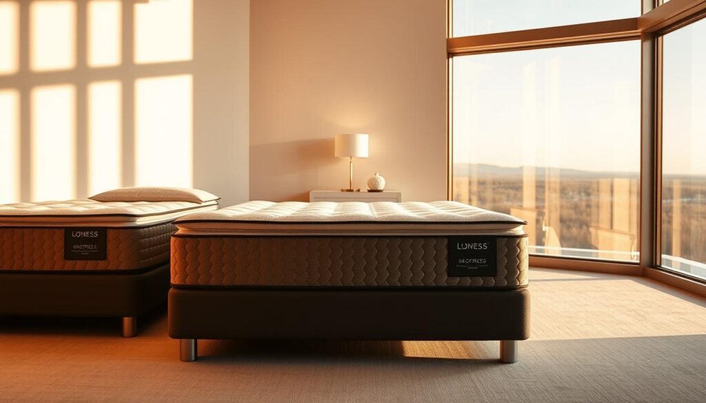 A high-end mattress showroom, bathed in warm, golden light. In the foreground, three luxurious mattresses are displayed side-by-side, their plush fabrics and intricate stitching inviting touch. Behind them, a clean, minimalist backdrop showcases the mattresses' elegant silhouettes. The middle ground features a sleek, modern nightstand with a single, tasteful lamp, casting a soft glow. In the background, a large window overlooks a serene, natural landscape, evoking a sense of tranquility. The overall scene exudes a refined, aspirational atmosphere, highlighting the superior quality and comfort of the featured mattresses.