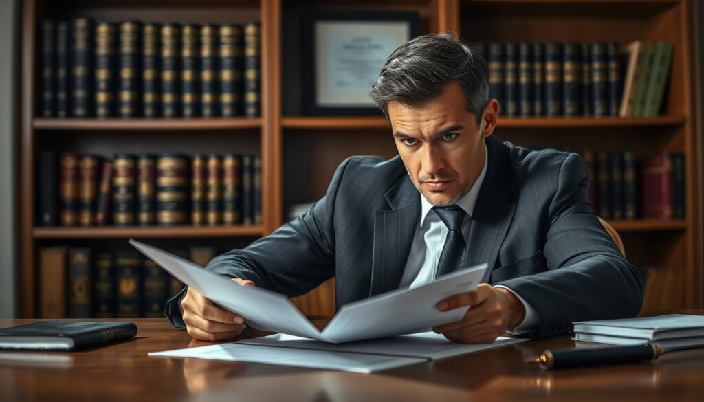A serious-looking civil contract attorney intently reviewing contract terms on a wooden desk, under bright yet warm studio lighting. The attorney's face is focused, brow furrowed, as they carefully examine the document, pen in hand. In the background, a bookshelf filled with legal tomes and a framed law degree add an air of professionalism. The scene conveys the gravity and attention to detail required when navigating complex contractual agreements.
