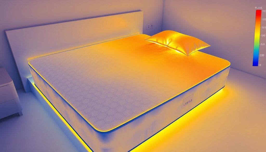 A thermal imaging camera captures the Leesa mattress, revealing its temperature regulation capabilities. The surface appears evenly cool and comfortable, with subtle gradients of color showcasing its ability to dissipate heat. The mattress is depicted in a minimalist, high-contrast setting, allowing the thermal data to be the focal point. Soft, directional lighting enhances the visual clarity, while a clean, clinical atmosphere conveys the technological advancements behind the temperature regulation performance.