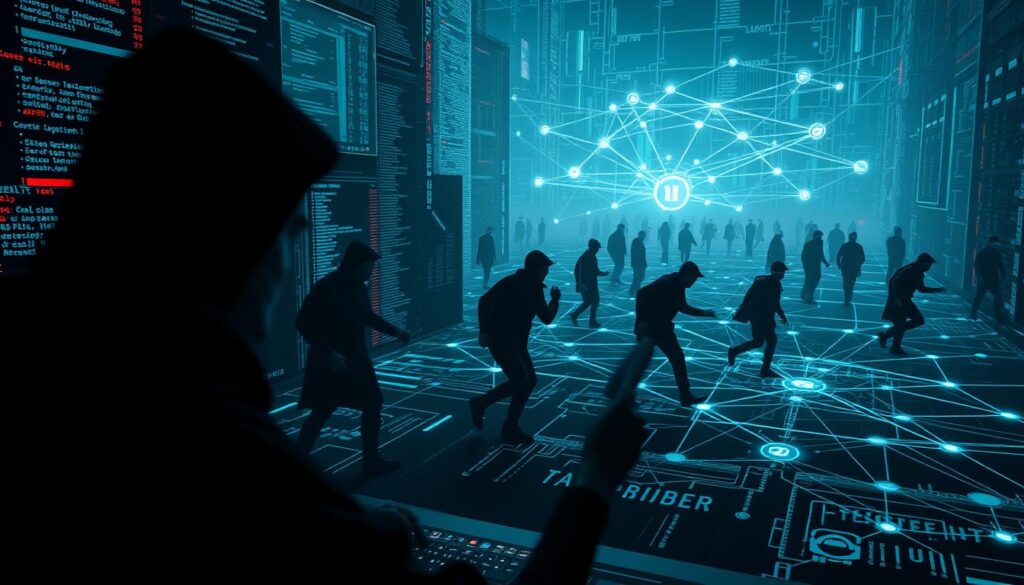 A vast digital landscape, where shadowy figures navigate a maze of firewalls and encrypted data. In the foreground, a hacker's terminal casts an ominous glow, lines of code scrolling rapidly. In the middle ground, a network diagram depicts a complex web of interconnected systems, vulnerable to intrusion. In the background, silhouettes of security professionals race to counter the ever-evolving threats, their expressions tense with concentration. Dramatic lighting and a moody, cyberpunk aesthetic convey the high-stakes, high-pressure nature of the cybersecurity industry's challenges.