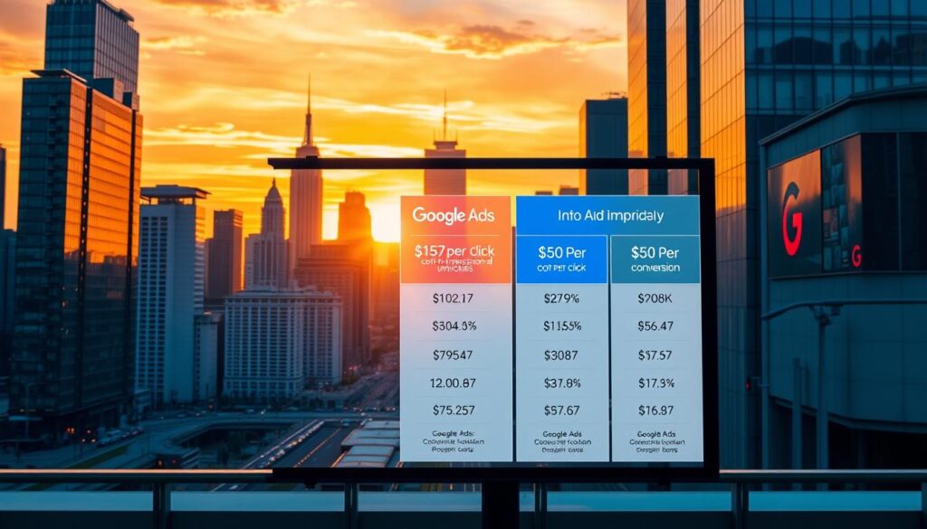 Detailed comparison of Google Ads pricing models: a digital billboard in a modern city skyline, illuminated by warm evening light. In the foreground, a transparent panel displays the different pricing models - cost-per-click, cost-per-impression, and cost-per-conversion - with clear infographics and statistics. The middle ground features skyscrapers and billboards, symbolizing the competitive digital advertising landscape. The background showcases a vibrant sunset, evoking a sense of opportunity and growth. The overall scene conveys the importance of understanding Google Ads pricing to navigate the dynamic world of online advertising effectively.